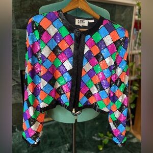 Stunning VTG Sequin Harlequin Cropped Blazer Color Pop Sequin Checker Bolero-EUC